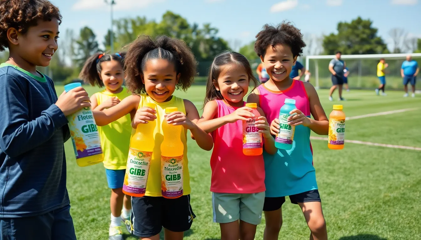 children hydrating with healthy sports drinks during soccer practice.