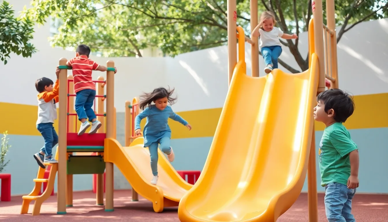 children engaging in risky play at a modern playground.