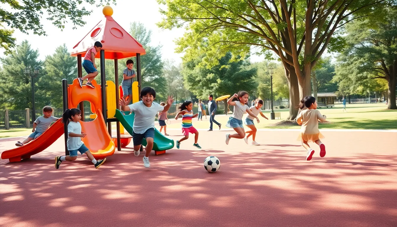children playing happily in a bright, modern playground.