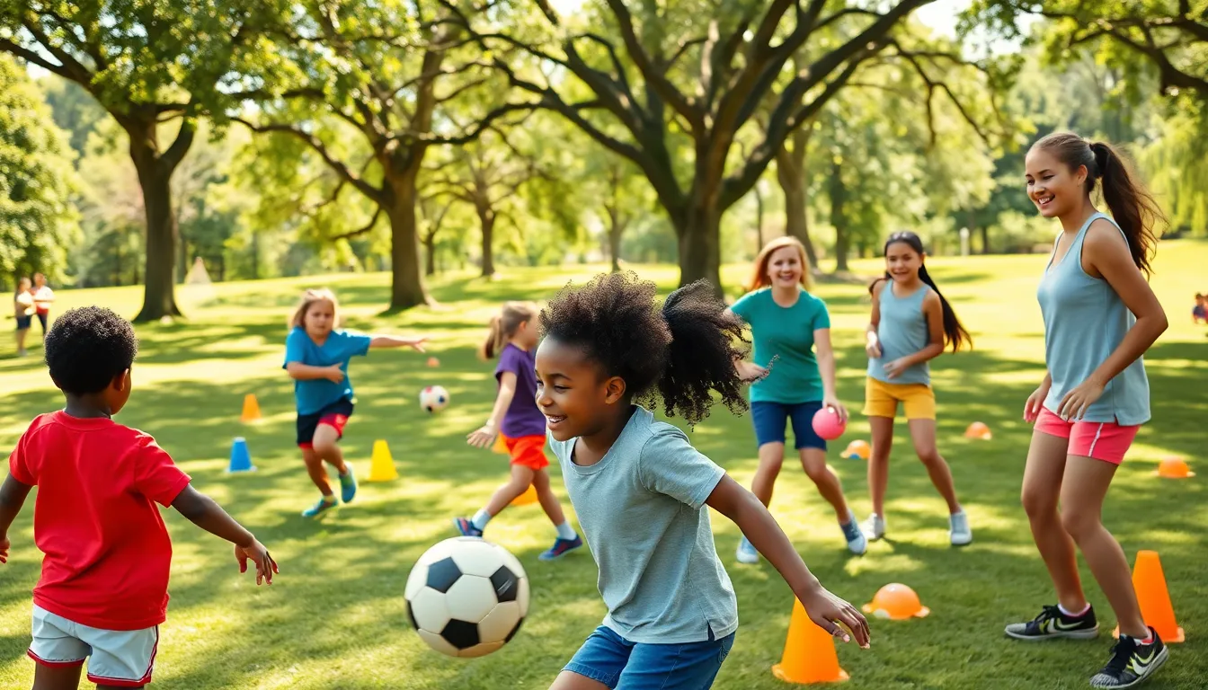 children playing soccer and basketball in a sunny park.