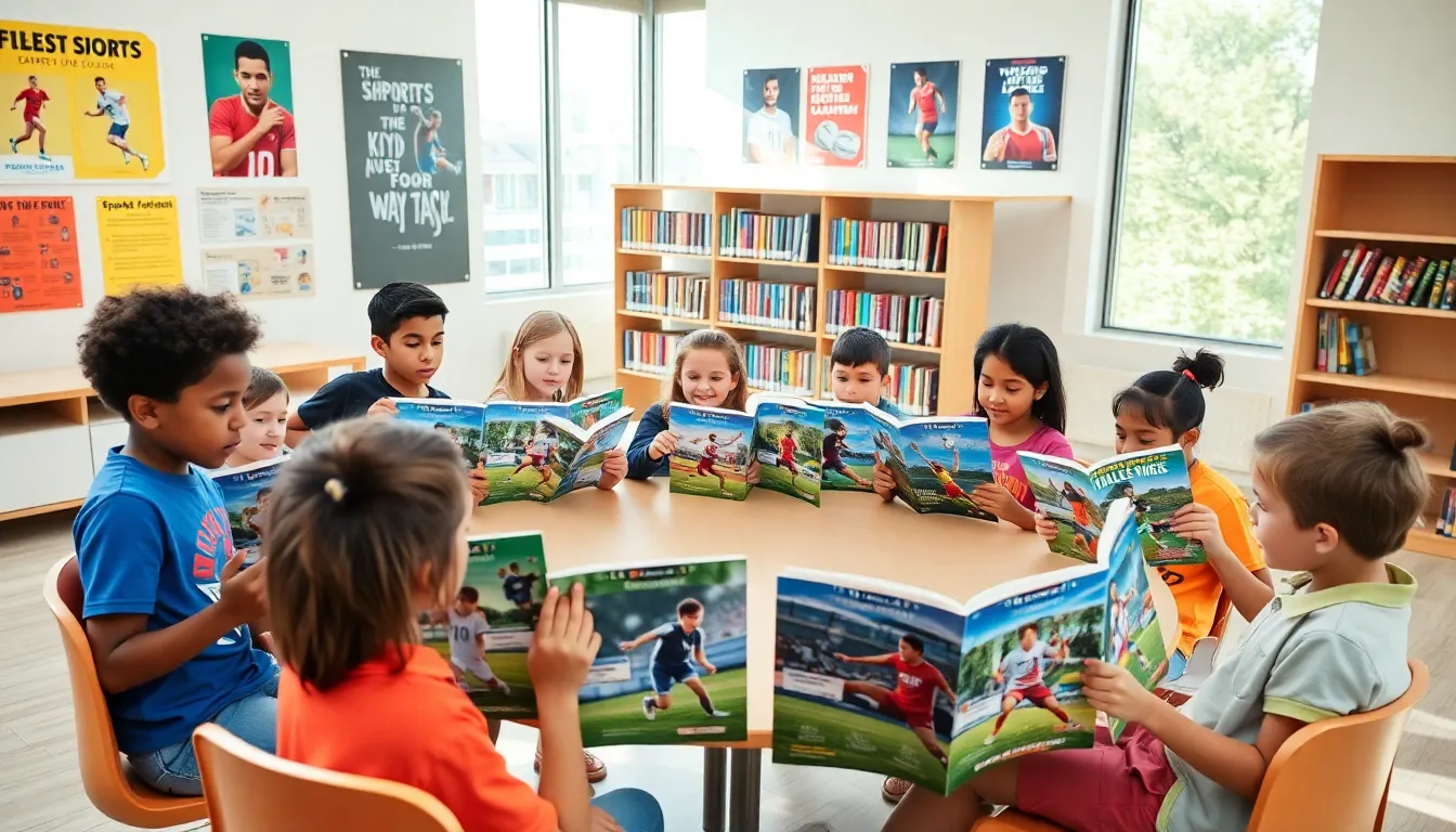 children reading sports magazines in a bright classroom.