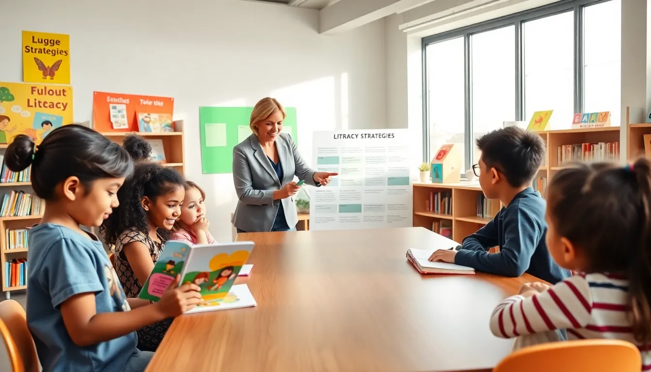 children engaged in literacy activities in a modern classroom.