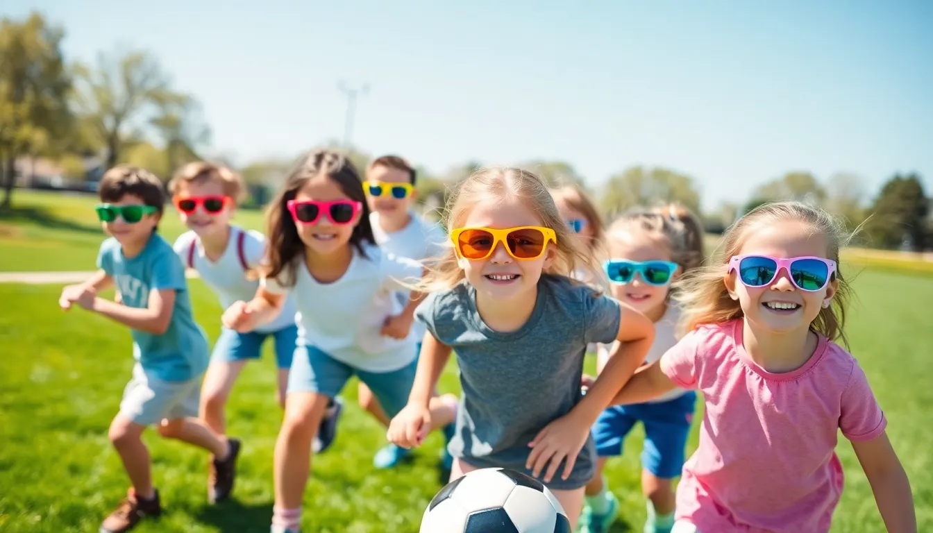 children playing soccer outdoors wearing sports sunglasses.