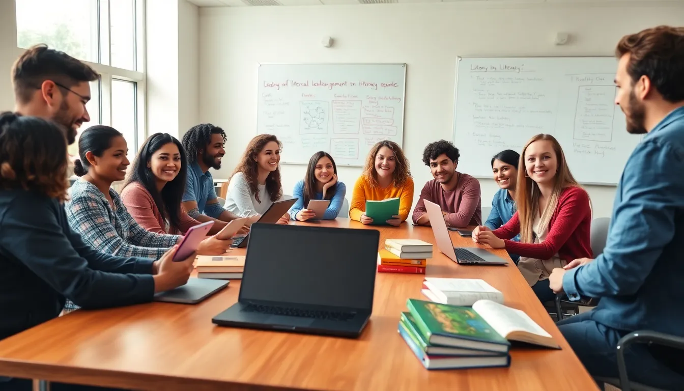 diverse students discussing reading and literacy in a modern classroom.