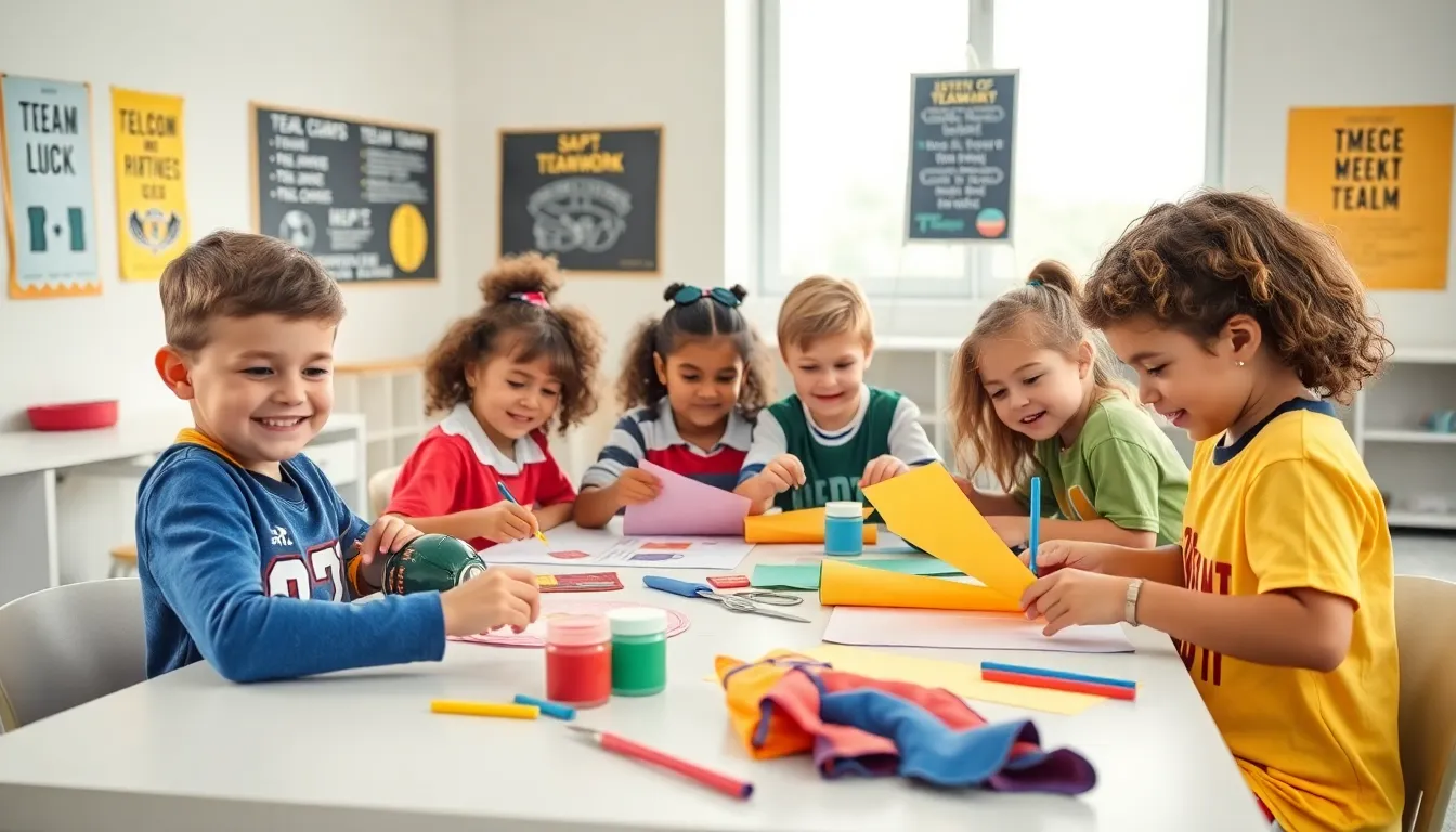 children creating sports-themed crafts in a bright classroom.