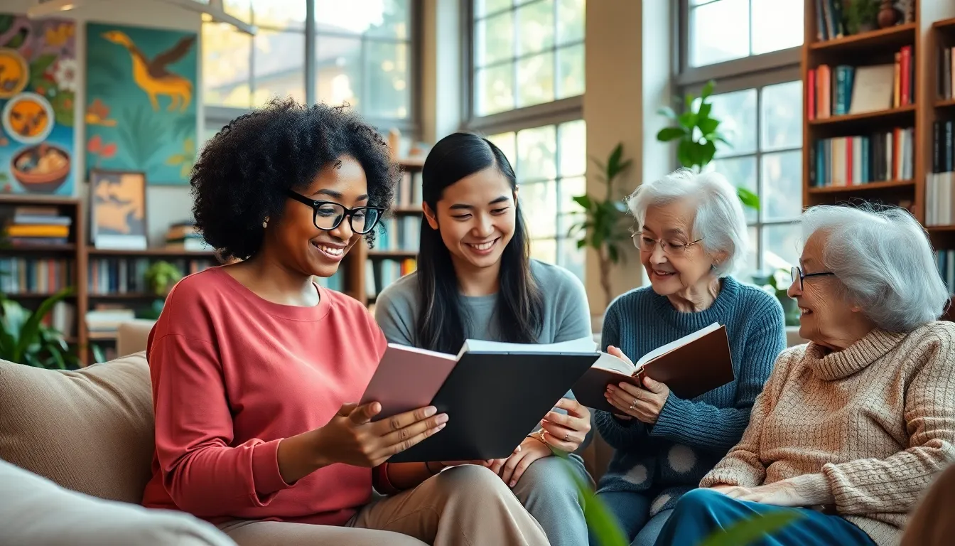 a diverse group of people discussing literature in a cozy room.