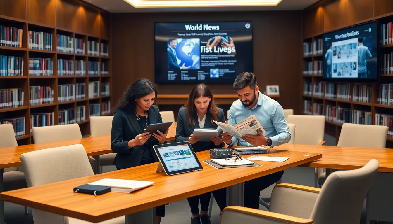 professionals discussing global news in a modern library setting.