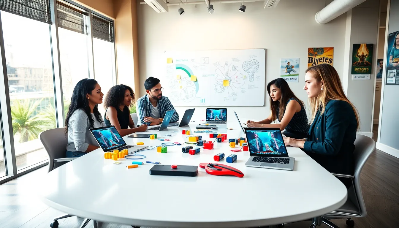 a diverse team collaborating in a bright game development office.