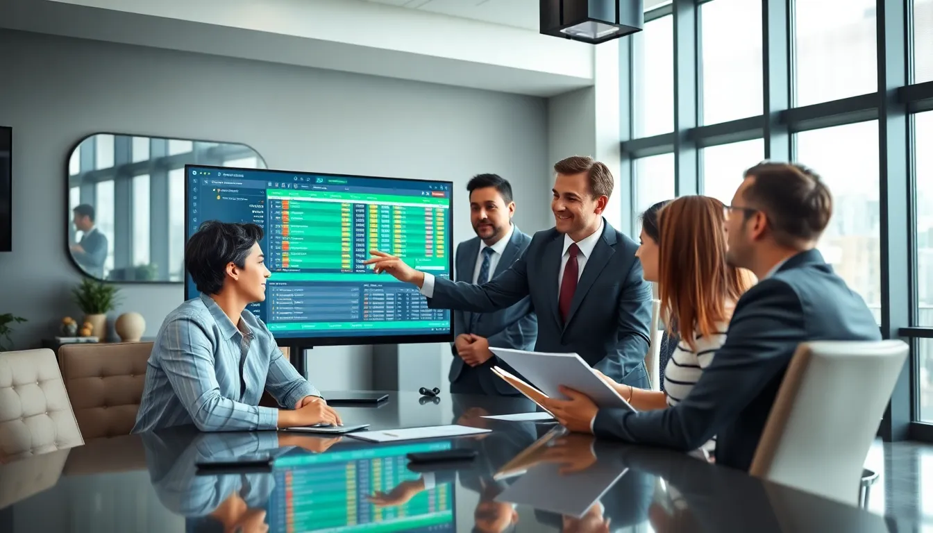diverse professionals discussing online sportsbook technology in a modern office.
