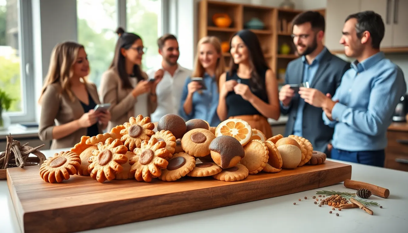 A diverse group tasting different Dutch cookies in a modern kitchen.