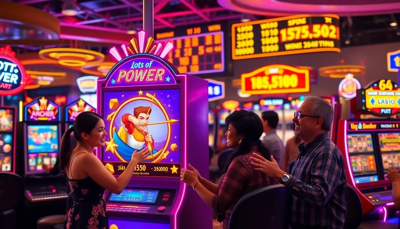 a lively casino scene with the Lots Of Power Play Archer Slot machine.
