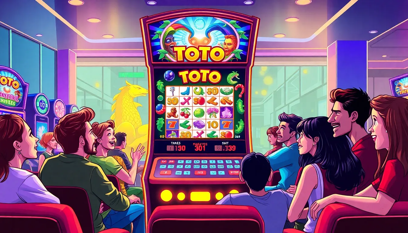 diverse players enjoying Toto Slots in a modern gaming room.