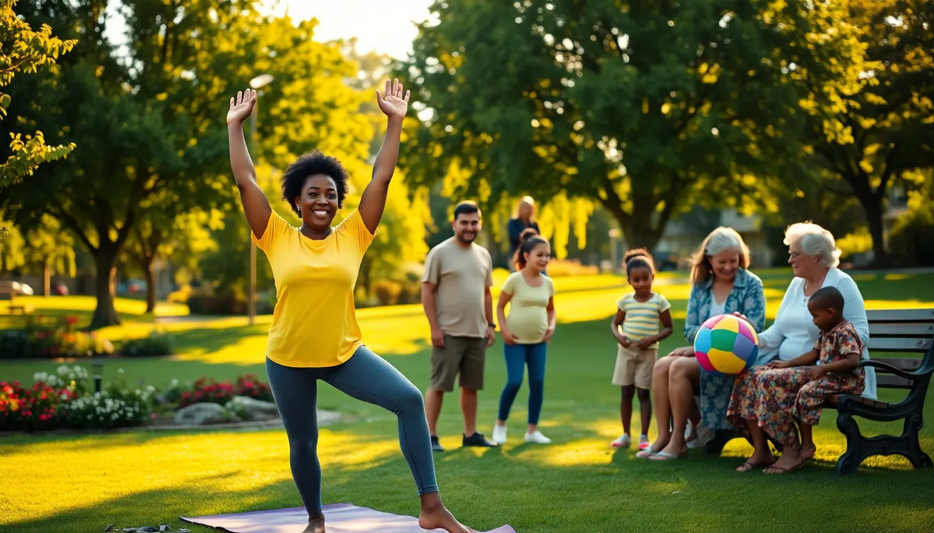 diverse community members engaging in wellness activities in a park.